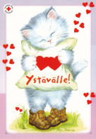 Postal Stationery - Flower - Cat Holding Hearts - Morning Slippers - Red Cross - Suomi Finland - Postage Paid - Entiers Postaux