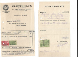 Facture Timbrée Et Reçu Timbré Electrolux Bruxelles Et Namur A Felix Sacré  Seilles 1928 - 1900 – 1949