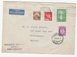 1949 Norway ARCHERY CHURCH POET Air Mail COVER Stamps  Fredrickstad To GB - Cartas & Documentos