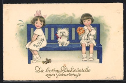 Künstler-AK Fritz Baumgarten: Kinder Sitzen Mit Einem Hund Auf Einer Bank, Fröhliche Pfingsten!  - Baumgarten, F.