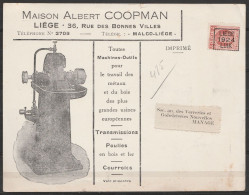 Carte-pub Machines-outils MALCO / COOPMAN Affr. PREO Houyoux 3c LIEGE/1924/LUIK Pour Verreries Et Gobleteries Nouvelles  - Sobreimpresos 1922-31 (Houyoux)