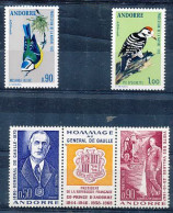 TIMBRE  ZEGEL STAMP  ANDORRE FRANCAIS OISEAUX ET HOMMAGE A DE GAULLE 132-33 ET 225A  XX - Autres & Non Classés