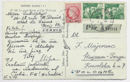 GANDON 5FR VERT N°719X2+ 1FR MAZELIN CARTE AVION PARIS 15.4.1947 POUR LA POLOGNE AU TARIF - 1945-54 Marianne Of Gandon