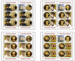 ROMANIA 2022  THE GREAT UNION IN NUMISMATICS - Gold Coins, Kings  - Sheetlets 5 Samps + 1 Label  MNH** - Monnaies