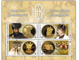 ROMANIA 2022  THE GREAT UNION IN NUMISMATICS - Gold Coins, Kings  - Perforated  Souvenir Sheet-Bloc   MNH** - Coins