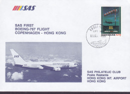 Denmark SAS First Boeing-767 Flight COPENHAGEN-HONG KONG 1991 Cover Brief Lettre DDL Danish Airlines Poster Stamp - Briefe U. Dokumente