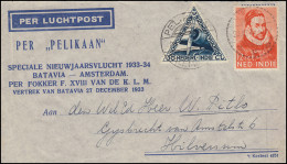 KLM-Neujahrsflug Pelikaan-Schmuck-Brief 27.12.33, PELIKAAN-PALEMBANG 25.12.33 - Airmail