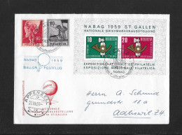 1959 NABAG ► Offizieller Brief Mit Zudruck "Nationale Briefmarkenausstellung St.Gallen" NABAG-Block Und Zusatz-Frankatur - Storia Postale