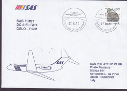 Norway SAS First DC-9 Flight OSLO-ROMe, OSLO 1993 Cover Brief Lettre Aeroporto Leonardo Da Vinci Beaver Stamp - Cartas & Documentos