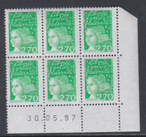 France N° 3091 XX  Luquet 2 F. 70 Vert En Bloc De 6 Coin Daté Du 30 . 05 . 97 ;  Sans Charnière , TB - 1990-1999