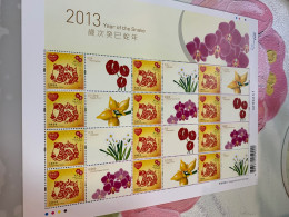 Hong Kong Stamp MNH 2013 New Year Snake Sheet Orchids - Año Nuevo