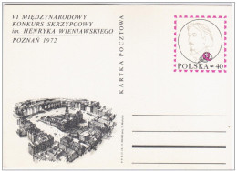 Poland Polska 1972 Henryk Wieniawski, Violin Competition Poznan, Polish Violinist, Composer, Music Musique Jewish - Stamped Stationery