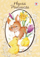 Postal Stationery Easter Flowers - Bunny Playing With Chicks - Red Cross - Suomi Finland - Postage Paid - Entiers Postaux