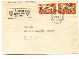 Lettre Avec Cachet Schweiz Automobil Postbureau 1 VIII 41 Et Schwyz Bundesfeir 1291 - 1941 - Pair Pro Patria N°13 - Cartas & Documentos