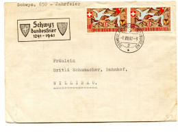 Lettre Avec Cachet Schweiz Automobil Postbureau 1 VIII 41 Et Schwyz Bundesfeir 1291 - 1941 - Pair Pro Patria N°13 - Lettres & Documents