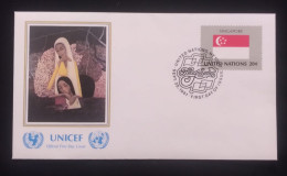 EL)1980 UNITED NATIONS, NATIONAL FLAG OF THE MEMBER COUNTRIES, SINGAPORE, UNICEF, RELIGIOUS PAINTING, FDC - Ongebruikt