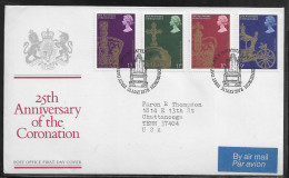 United Kingdom Of Great Britain.  FDC Sc. 835-838.  25th Anniversary Of Coronation.  FDC Cancellation On FDC Envelope - 1971-1980 Em. Décimales