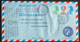 AEROGRAMME ENTIER POSTAL LIBERTE GANDON PARIS 1983, GRIFFE PLIS HUMIDIFIES COURBEVOIE CRECY LA CHAPELLE Transport Ballon - Aérogrammes