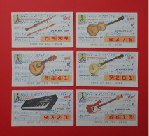 6 CUPONES ONCE SPANISH LOTTERI AÑO 1987 TEMA (INSTRUMENTOS MUSICALES) ESTADO BUENOS - Lottery Tickets