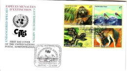 UNO WIEN MI-NR. 287-290 FDC GEFÄHRDETE ARTEN 1999 ORANG UTAN PELIKAN ANAKONDA KARAKAL - FDC