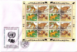 UNO GENF MI-NR. 263-266 FDC KLEINBOGEN GEFÄHRDETE TIERE MAKI EULE FROSCH BISON - Hiboux & Chouettes