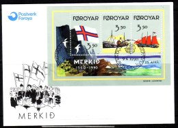 FÄRÖER BLOCK 4 FDC 50 JAHRE FLAGGE VON FÄRÖER 1990 DAMPFSCHIFF - Färöer Inseln