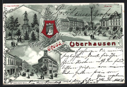 Mondschein-Lithographie Oberhausen, Strassenpartie, Markt, Kriegerdenkmal, Wappen  - Oberhausen
