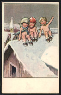 Künstler-AK Karl Feiertag: Drei Nackte Engelchen Auf Einem Dach Im Schnee  - Feiertag, Karl