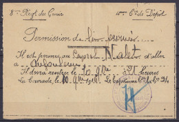 Billet De Permission Du 8e Régiment Du Génie Daté 10 Novembre 1916 - Cachet "8e REGIMENT DU GENIE / Le CAPITAINE Command - Guerre De 1914-18