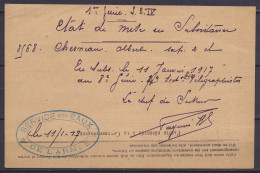 CP CORRESPONDANCE DES ARMEES DE LA REPUBLIQUE (franchise) Datée 11 Janvier 1917 "Etat De Mise En Subsistance" - Càd "SER - Guerre De 1914-18