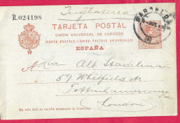 SPAGNA -INTERO CARTOLINA POSTALE ALFONSO 10 C. (MICHEL P49) DA "BARCELONA*3.OCT.13* PER LONDRA - 1850-1931
