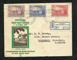 Australie R Pli Recommandé FDC 150eme Ann.New South Wales Sydney 1/10/1937 N°123 A 125 Pour Afrique Du Sud 25/10/1937 TB - Sobre Primer Día (FDC)