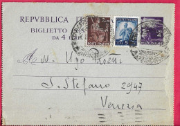 INTERO BIGLIETTO POSTALE DEMOCRATICA LIRE 4(+2+5) (INT. 40) DA (NERVI) *16.12.47* PER VENEZIA - Stamped Stationery