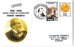 COV 25 - 410 GIOSUE CARDUCCI, Romania, Nobel Prize In Literature - Cover - 2006 - Prix Nobel