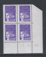 France N° 3099 XX  Luquet 10 F. Violet En Bloc De 4 Coin Daté Du 25. 02 . 98 ;  Gomme Légè. Altérée Sinon TB - 1990-1999