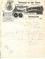 FACTURE.16.CHARENTE.ANGOULÊME.CARTONAGE EN TOUS GENRE.CHARLES GROSDIDIER 26 RUE DE BORDEAUX. - Druck & Papierwaren