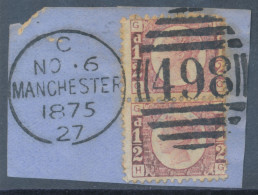 GB QV ½d Plate 5 (pair, GG-HG) Superb Used On Piece With Duplex „MANCHESTER / 498“, Lancashire (4VODA(1), Time Code „C 2 - Usados