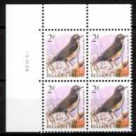 BE   2653  P8  XX    ----    Oiseaux Buzin : Grive Mauvis  --  Blocs De 4 Coin De Feuille - Datiert