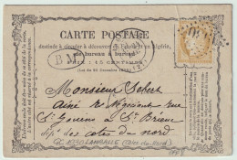 FRANCE 1873 - COTES-DU-NORD - "BM" Sur Carte Précurseur De St.-ALBAN Aff. Yv.59 Obl. GC1930 De LAMBALLE Pour St-BRIEUC - 1849-1876: Classic Period