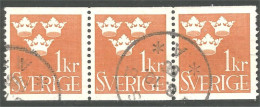 840 Sweden 1939 Trois Couronnes Three Crowns 1kr Orange Bande Strip 3 (SWE-424) - Usados