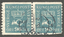 840 Sweden 1921 Crown Post Horn Couronne Cor 90o Bleu Paire (SWE-431) - Gebruikt