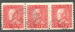 840 Sweden 1925 King Roi Gustaf V 15o Red Rouge Bande Strip 3 (SWE-411) - Usados