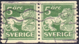 840 Sweden Lion Arms 5o Vert Green Paire Pair (SWE-103) - Used Stamps