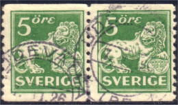 840 Sweden Lion Arms 5o Vert Green Paire Pair (SWE-99) - Used Stamps