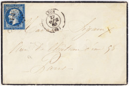 FRANCE - 1860 - Yv.14 (type I) Obl. Pc 1818 + TàD "LYON / (68) " Sur LSC Pour Paris - 1853-1860 Napoleon III