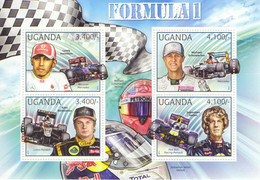 Uganda 2012 - Les As De F1 -  Lewis Hamilton-Michael Schumacher-Kimi Raikkonen-Vettel  -   4v Feuillet  Neuf/Mint/MNH - Auto's