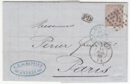 Anvers  20c Brun - Lettre  Pour Paris Via Erquelines 18 Juillet 1866 - 1865-1866 Profiel Links