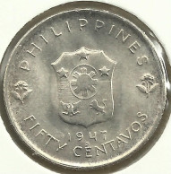 PHILIPPINES 50 CENTAVOS EMBLEM FRONT GEN. MACARTHUR LIBERATOR BACK 1947 UNC AG SILVER KM184 READ DESCRIPTION !! - Filipinas