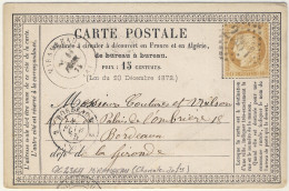 FRANCE - 1875 - Carte Précurseur De MIRAMBEAU (Charente-Inférieure) à Bordeaux - 1849-1876: Classic Period