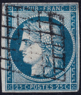 FRANCE - 1850 Yv.4 25c Bleu Cérès Oblitéré Grille - B (léger Pli, Marges Courtes Mais Filet Non Touché) - 1849-1850 Ceres